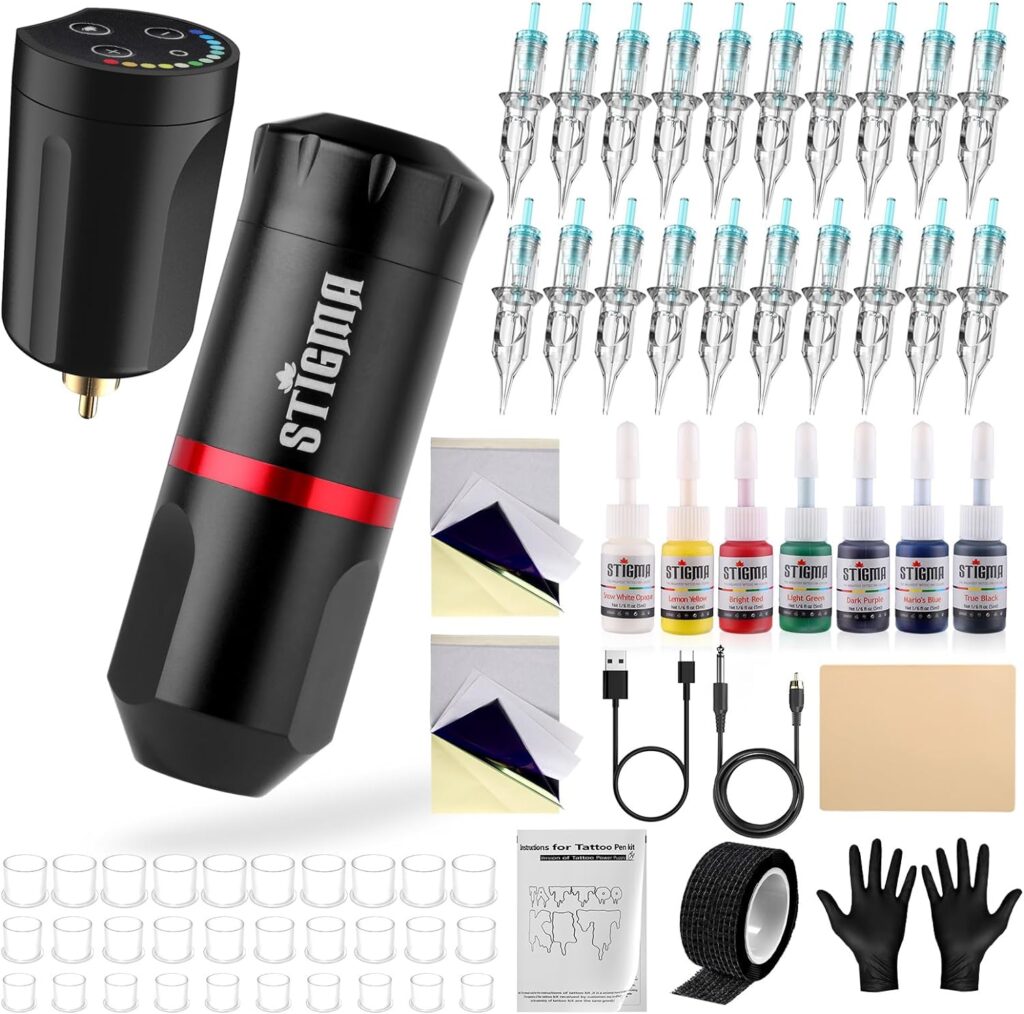 STIGMA Pro: Máquina de Tatuar Inalámbrica con Batería de 1400 mAh y 20 Agujas de Cartuchos de Tattoo - Kit Completo