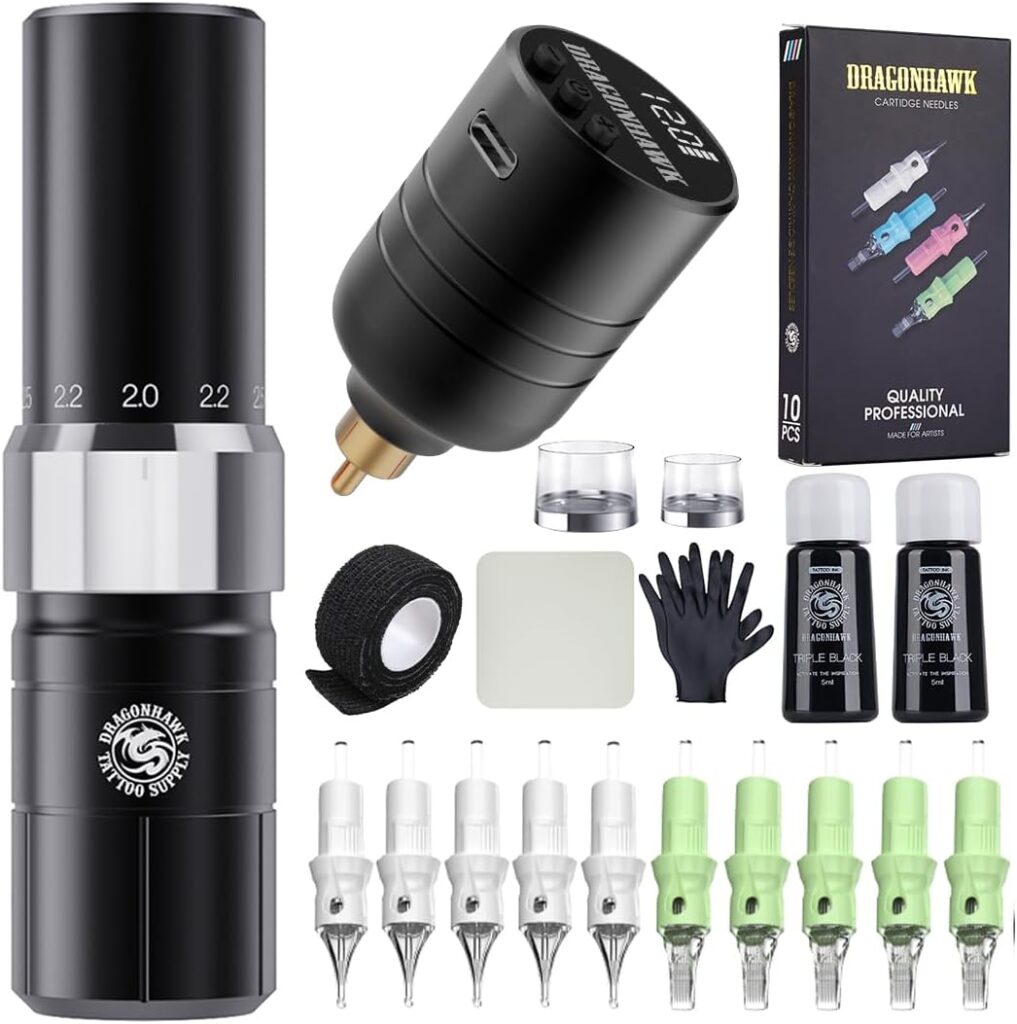 Kit de máquina de tatuaje Dragonhawk Tour Y23: bolígrafo rotativo inalámbrico con batería reemplazable, conector RCA. Incluye 6 longitudes de golpe para artistas principiantes y profesionales