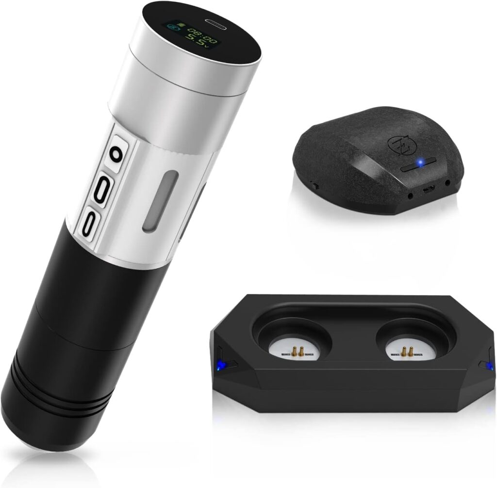 Maquina de Tatuar Inalambrica con Bluetooth y Batería de 1800mAh - Modelo P2 MT Blanco Plateado