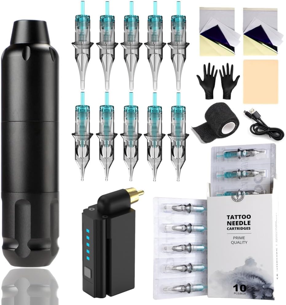 Kit profesional de tatuaje con motor de alto rendimiento, diseño de aleación de aluminio, conectividad RCA, sistema de alimentación sin cables y pluma rotativa. Color Negro.
