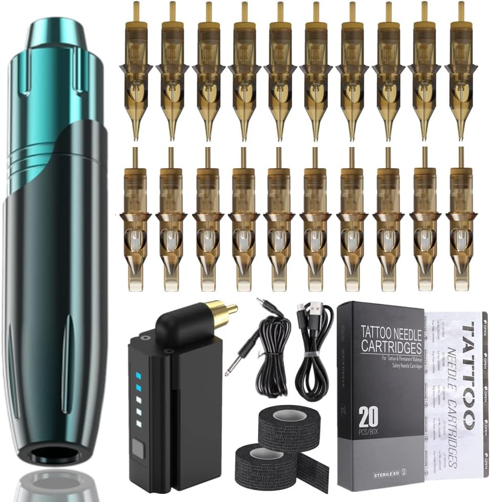 Set de tatuaje inalámbrico ultra completo: bolígrafo rotativo, conectores de alta calidad y agujas de cartucho - incluye fuente de alimentación de 1500 mAh, vendajes anti -deslizamiento y estuche azul elegante.