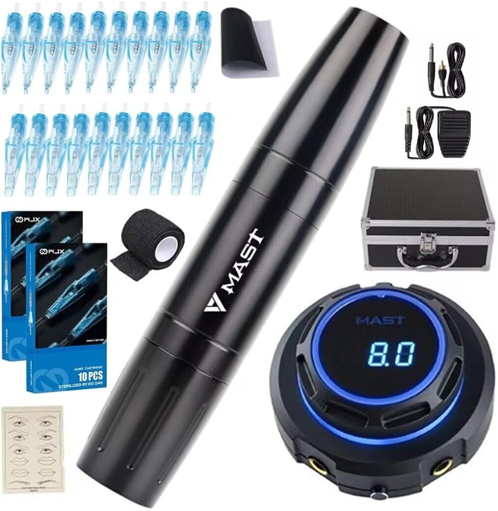 Kit Master de Tatuaje: Pluma Mágica para Tatuajes Interchangeable con Carrera de 2.0mm y 3.0mm, Máquina Rotativa de Tatuaje, Fuente de Poder para Tatuajes y Agujas Incluidas.
