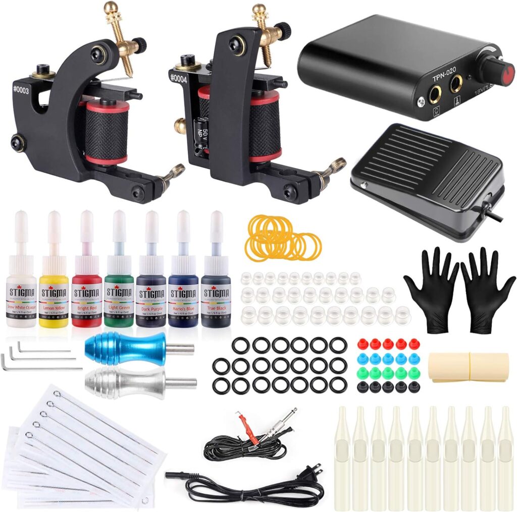 Kit Stigma para Tatuaje Profesional: Bobina Maquina de Tatuaje, Fuente de Alimentación, Pedal, 7 Tintas, Grips y Agujas TK-ST202