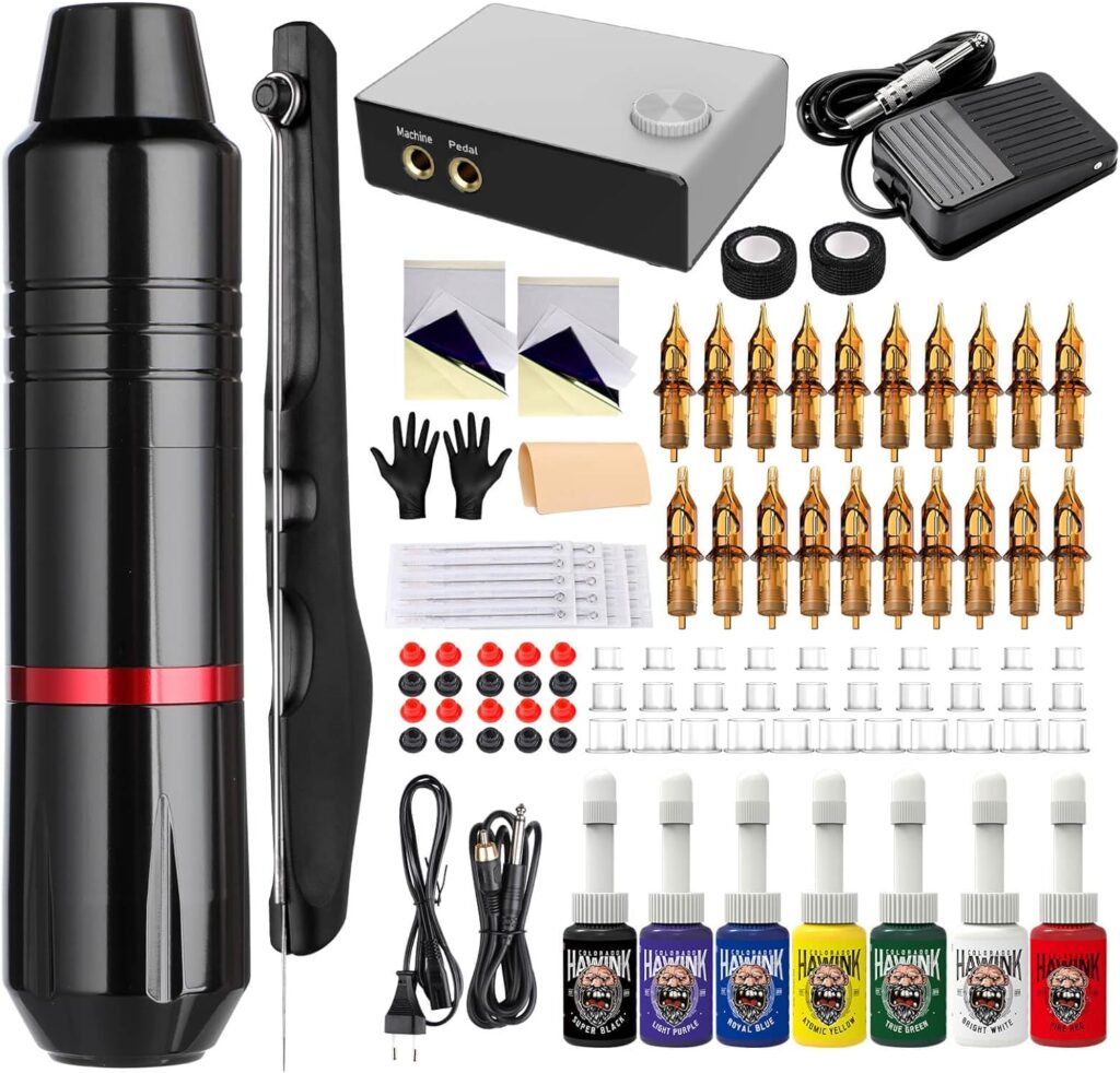 Kit de tatuajes HAWINK: Todo en uno para principiantes y artistas, con 20 agujas, tinta y fuente de alimentación incluidos