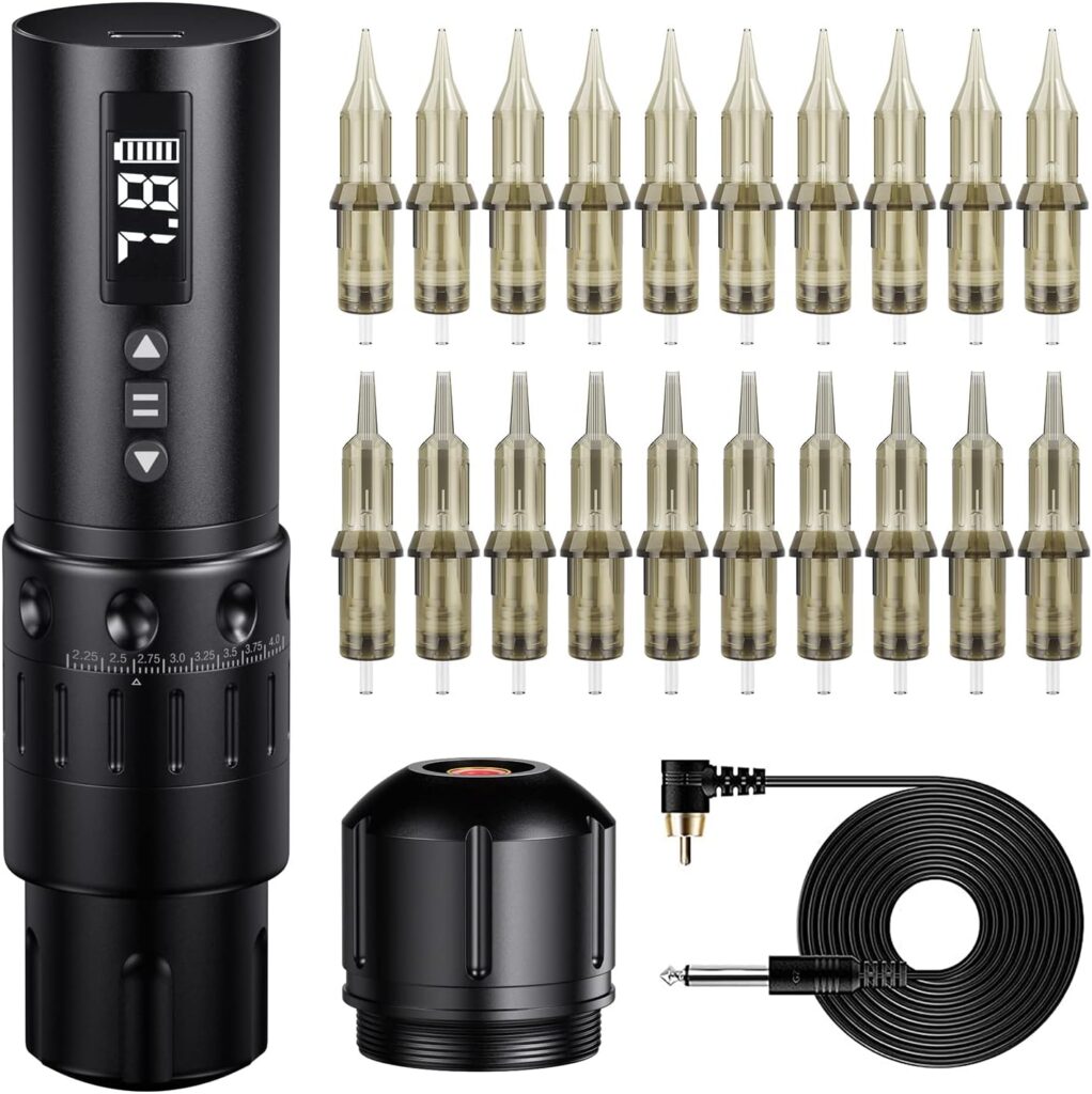 Kit TateLF: Máquina de Tatuar Inalámbrica con Pistola Rotativa de 1800 mAh, Fuente de Alimentación, Agujas de Cartucho y Pantalla LED.