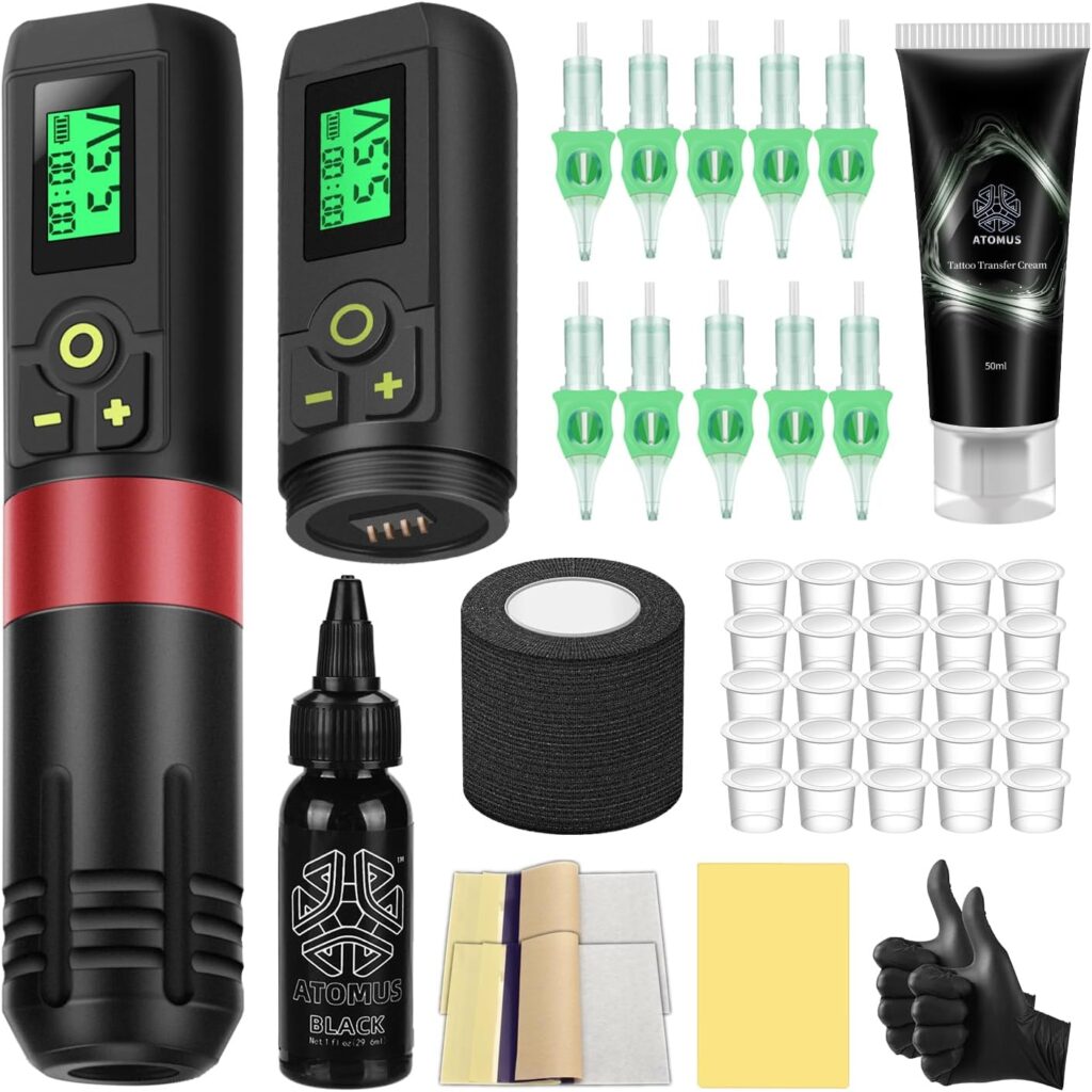 ATOMUS Kit de tatuaje inalámbrico rojo: bolígrafo de tatuaje + fuente de alimentación recargable + pantalla LED