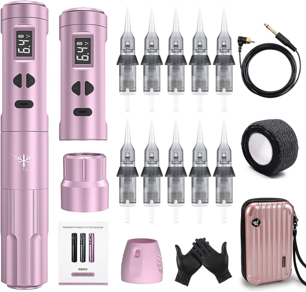 Máquina de Tatuar Inalámbrica TATELF con 2 Baterías Recargables, Maquillaje Permanente y 10 Cartuchos de Agujas para Principiantes - Color Rosa