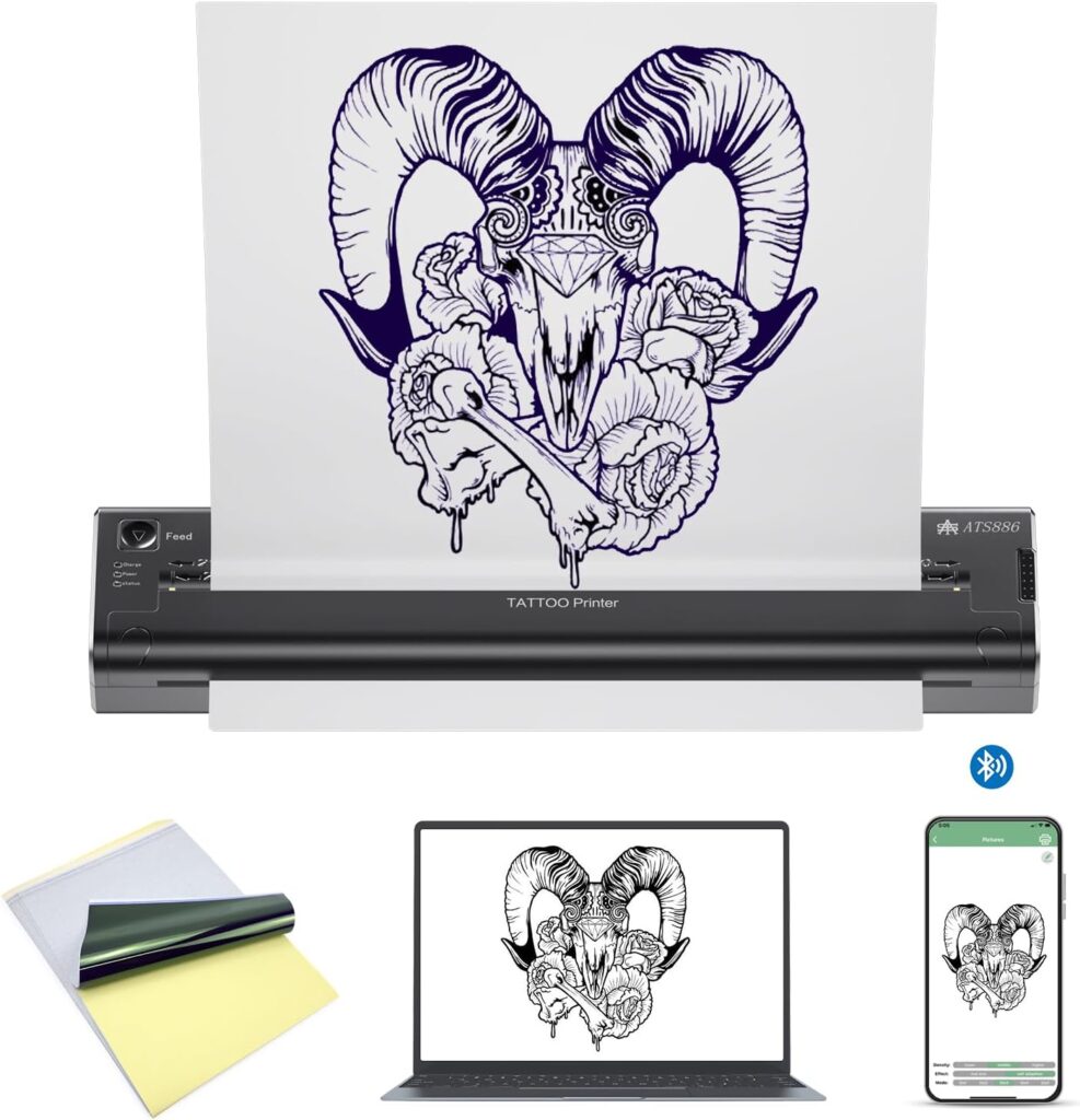 LIUMATE: Máquina de transferencia de tatuajes inalámbrica con tecnología Bluetooth - Copiadora de plantillas portátil con 15 hojas de transferencia incluidas