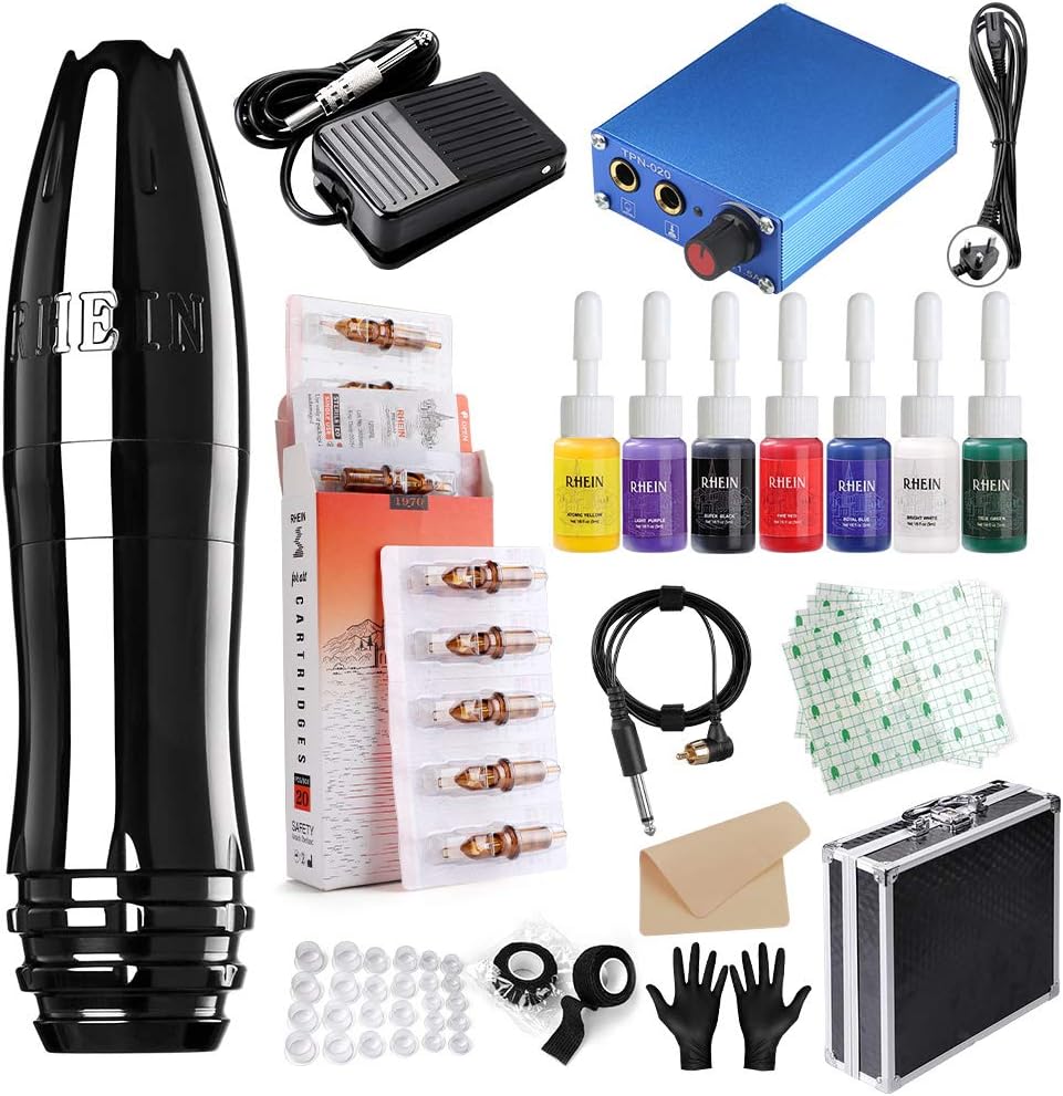 Kit profesional para tatuajes con máquina rotativa HAWINK Pen, conexión RCA, fabricada en aleación de aluminio con diseño tallado en color negro - Modelo EK133-1