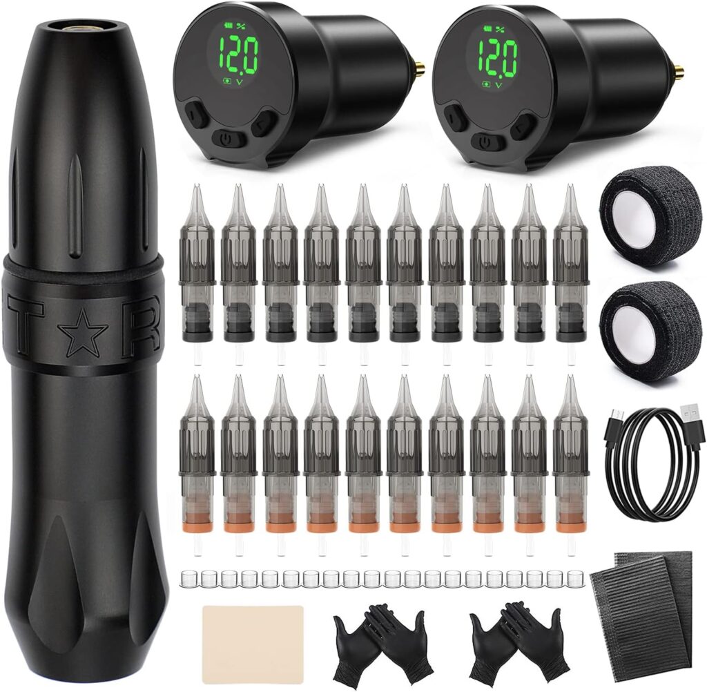 TATELF Tattoo Machine Starter Kit: Incluye máquina inalámbrica, 2 fuentes de alimentación, 20 cartuchos de agujas, tazas de tinta para principiantes en el arte del tatuaje