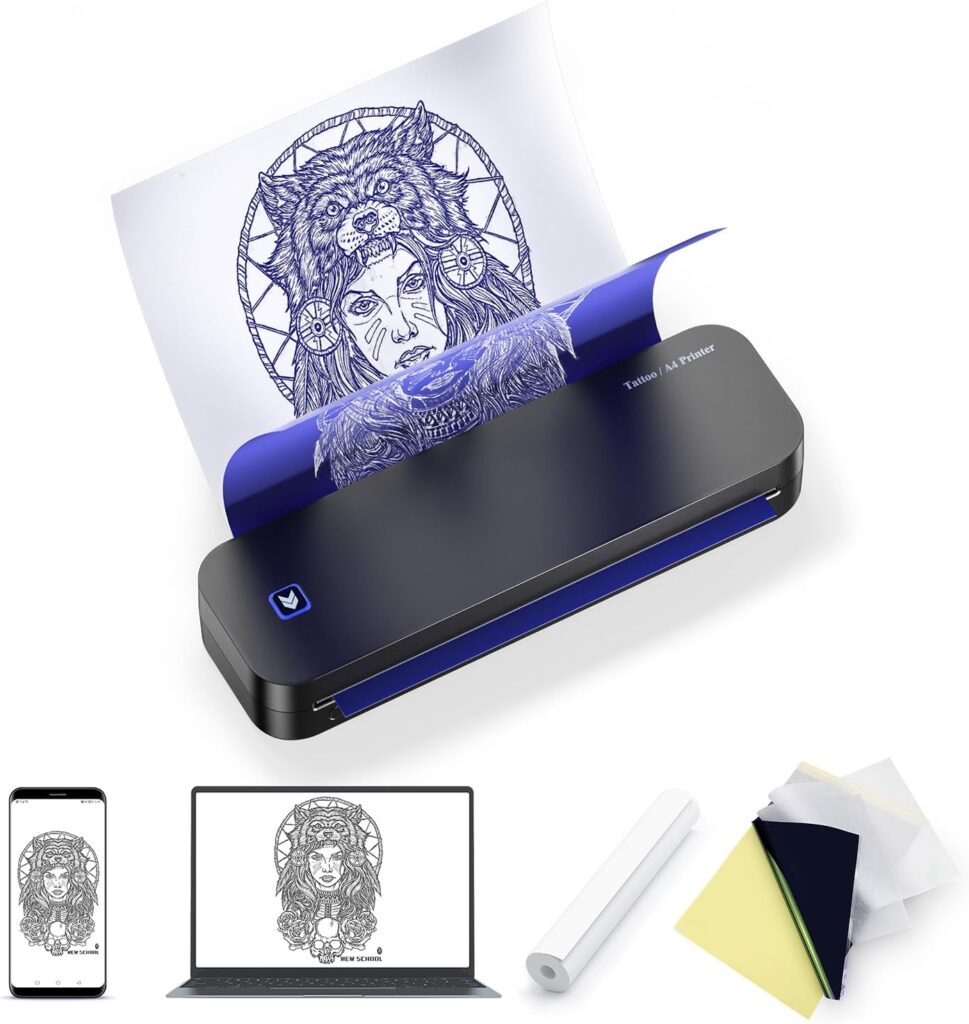 Termocopiadora Tattoo Bluetooth Impresora Tatuajes 2600mAh con 20 Papel de Transferencia, A4 Impresora térmica Inalámbrica Copiadora de Tatuajes, Compatible con Dispositivos Móviles