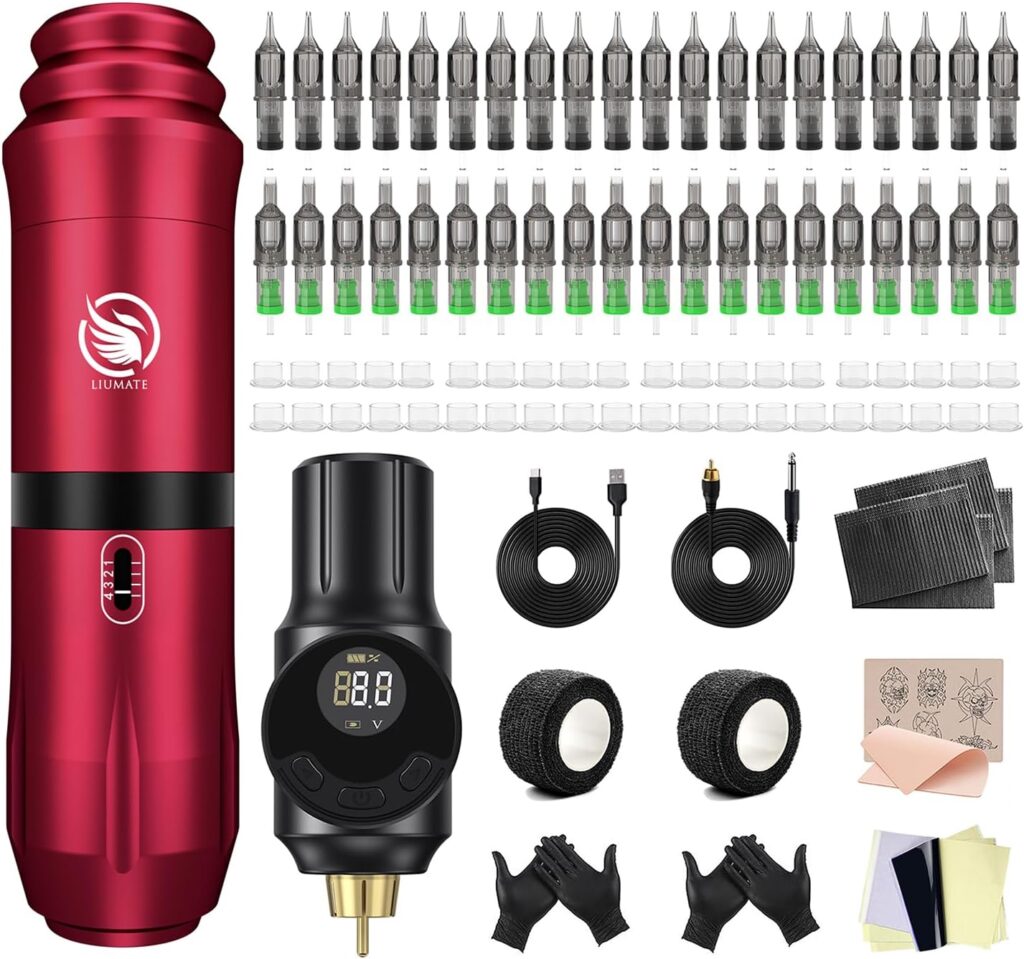 LIUMATE Pen Tattoo Kit: Pluma rotativa inalámbrica con fuente de alimentación portátil - incluye 40 cartuchos de agujas y 40 vasos de tinta para artistas y principiantes