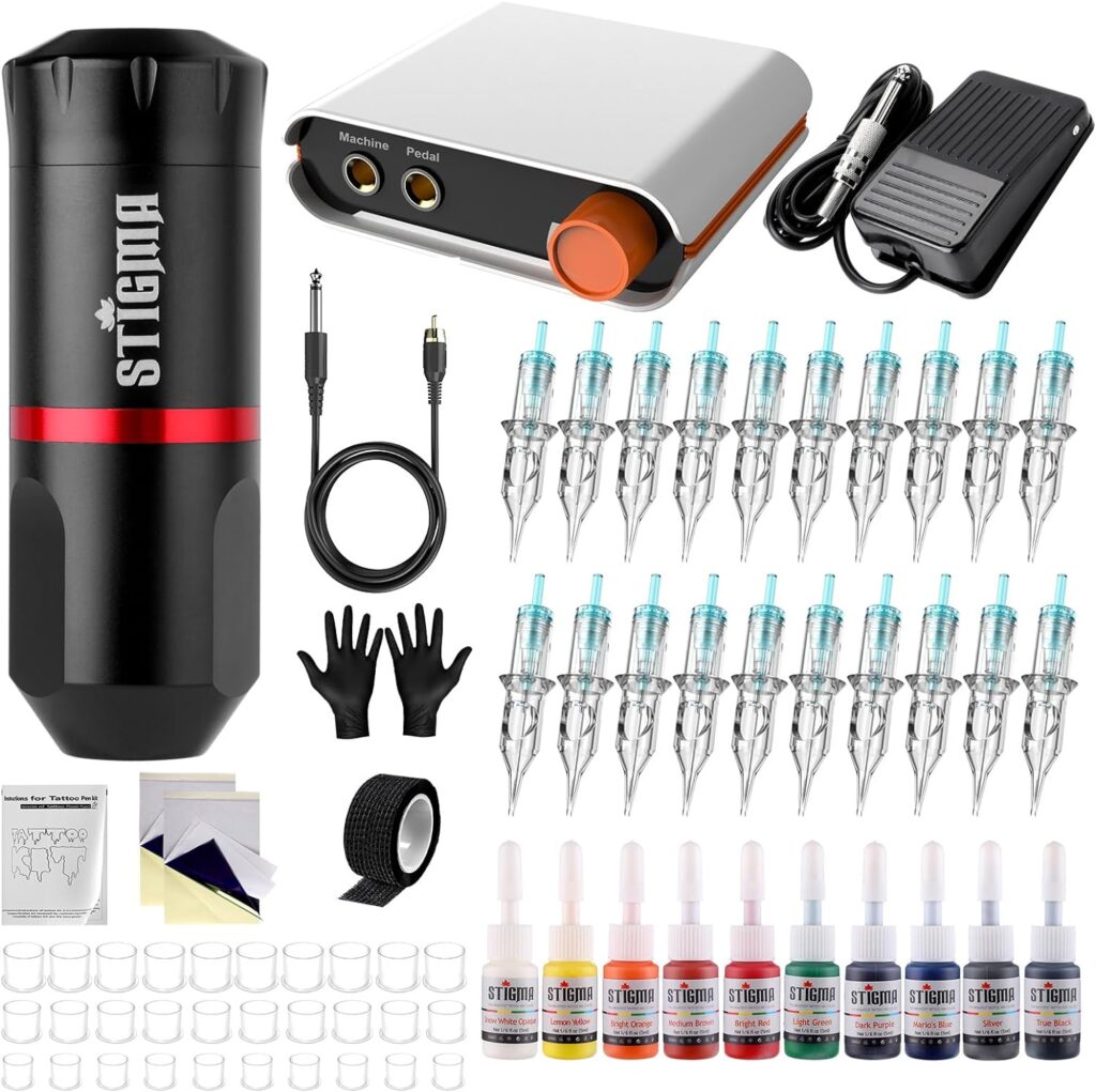 STIGMA Pro Short Tattoo Pen Kit: Maquina de Tatuar con Fuente de Poder Digital, 20 Agujas de Cartuchos y Accesorios de Tatuaje Incluidos