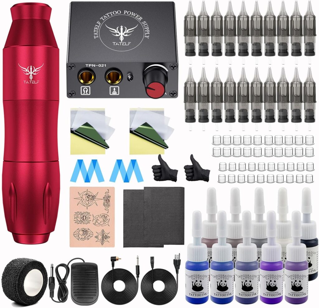 ¡TATELF Maquina de Tatuar Todo en Uno para Principiantes! Kit Completo con Fuente de Alimentación, 10 Colores de Tintas, 20 Agujas de Cartucho, Pedal y más