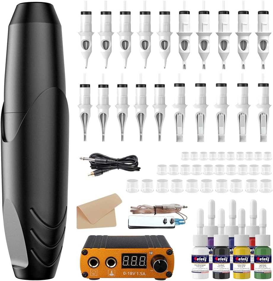 Kit Pro Tattoo: todo lo que necesitas para tatuajes de alta precisión con pluma rotativa; incluye fuente de alimentación, cartuchos y accesorios.