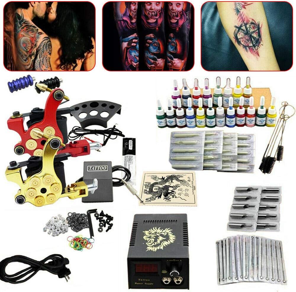 Kit definitivo de tatuajes profesional: incluye 2 máquinas de tatuaje, 20 colores vibrantes, 50 agujas de tinta, fuente de alimentación y juego completo de máquinas para tatuar. ¡Todo lo que necesitas para crear obras maestras en la piel!
