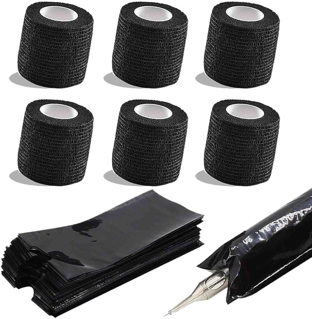 Set único de 6 cintas de agarre para tatuajes y 200 bolsas desechables para máquinas de tatuaje - Accesorios exclusivos de suministros para tatuajes