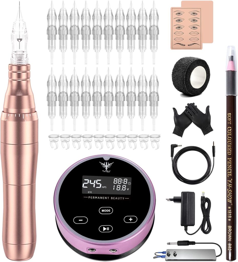 TATELF Máquina de Maquillaje Permanente: Kit Completo con 20 Cartuchos de Tatuaje y Fuente de Alimentación Digital