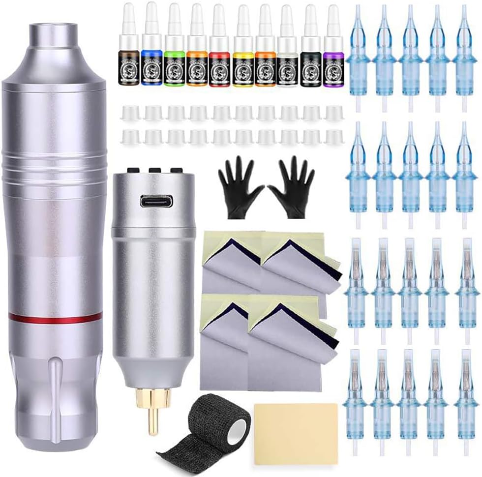 Set de Tatuaje Inalámbrico con Máquina de Pluma y Batería de Plata