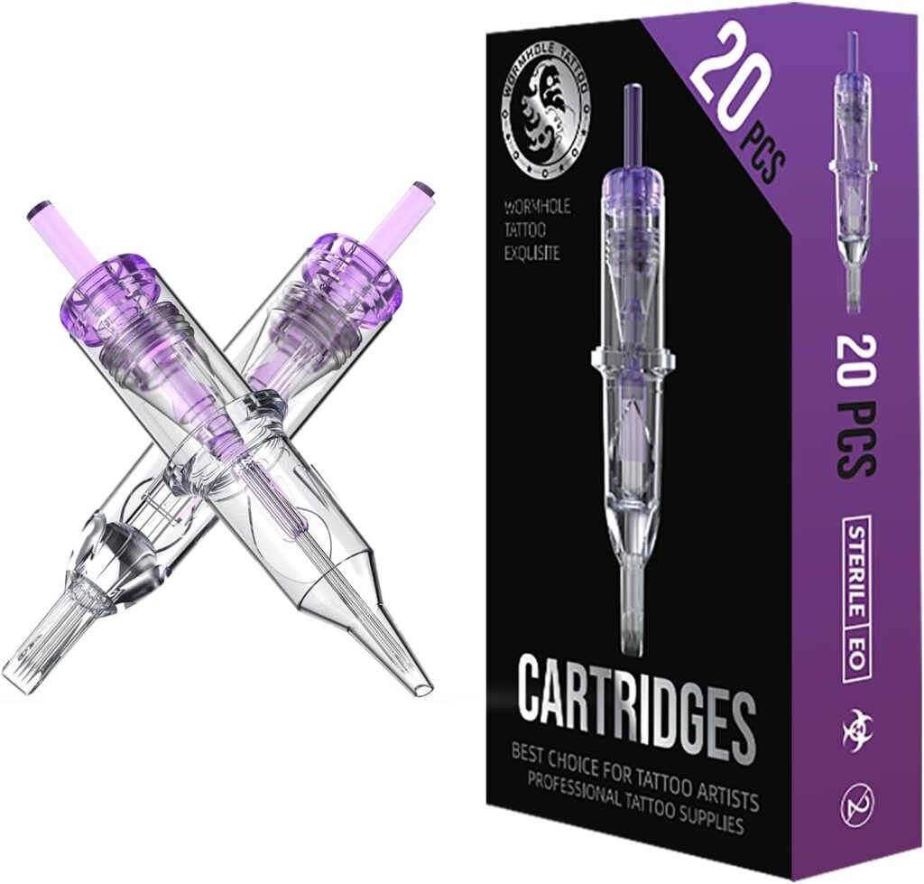 Pack de 20 agujas de cartucho de tatuaje en tono morado, combinación de RL/RM en tamaño 0,35 MM para pluma de máquina de cartuchos de tatuaje.