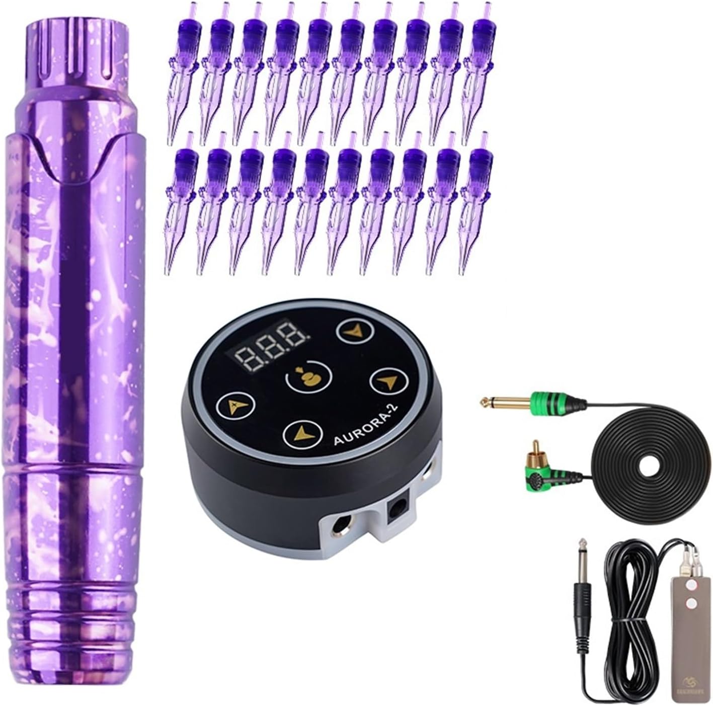 Un kit completo para principiantes: Maquillaje permanente y tatuaje con máquina rotativa, agujas de cartucho profesional y fuente de alimentación con pantalla LED.