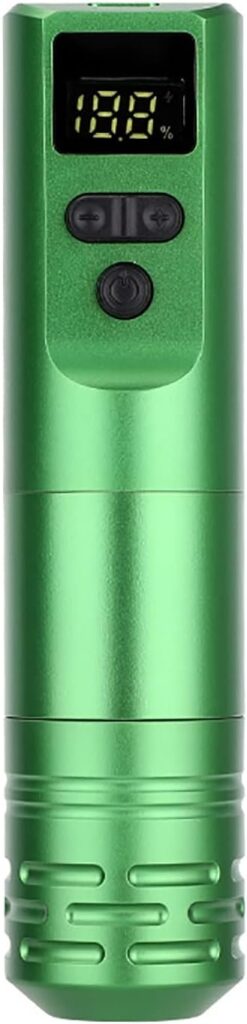 Máquina de tatuaje inalámbrica avanzada con pantalla LCD y gran capacidad de batería de 1800 mAh en color verde, ideal para estilistas y tatuadores.